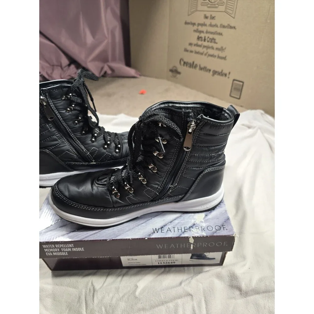 sz 10M - Weatherproof Womens Alexa 1132649 Black Round Toe Lace Up Ankle Boots